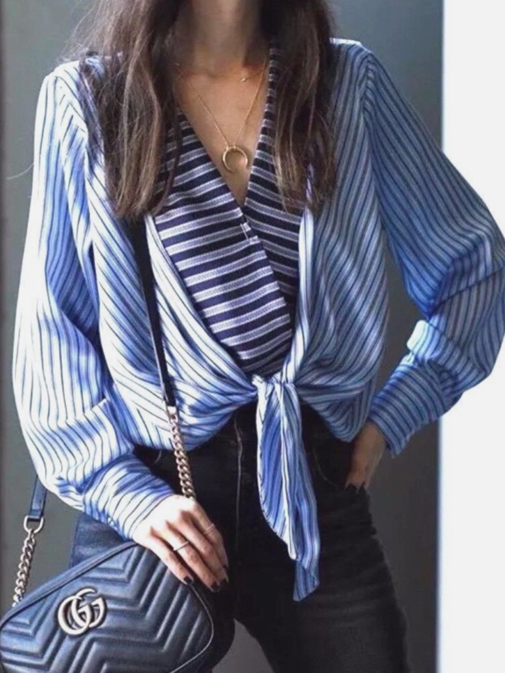 Zara Striped Satin Bodysuit in Blue